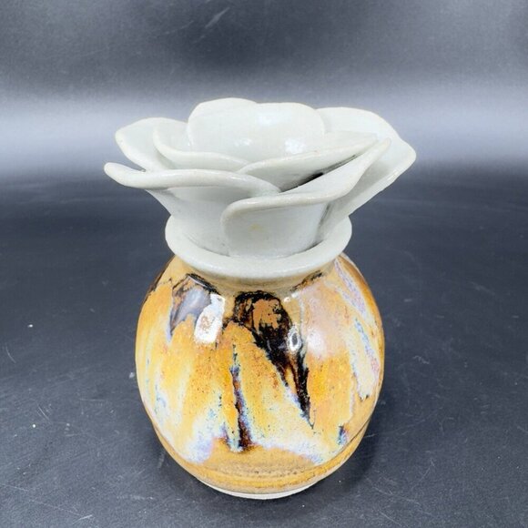 Vintage Studio Pottery Flower Shaped Bud Vase Drip Glaze Stoneware Signed Judy - Picture 8 of 12
